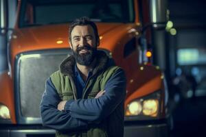 un' sorridente maschio camion autista in piedi nel davanti di il suo camion con generativo ai foto