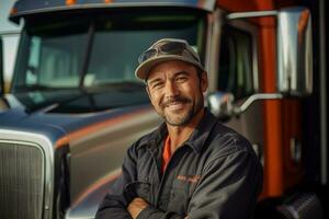 un' sorridente maschio camion autista in piedi nel davanti di il suo camion con generativo ai foto