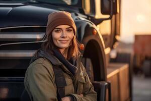 un' sorridente femmina camion autista in piedi nel davanti di sua camion con generativo ai foto