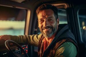 un' sorridente maschio camion autista a il ruota di un' camion con generativo ai foto