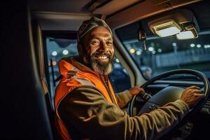 un' sorridente maschio camion autista a il ruota di un' camion con generativo ai foto