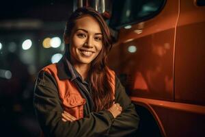 un' sorridente femmina camion autista in piedi nel davanti di sua camion con generativo ai foto