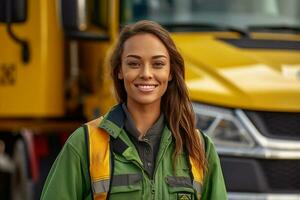 un' sorridente femmina camion autista in piedi nel davanti di sua camion con generativo ai foto