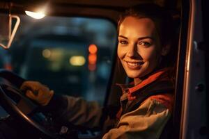 un' sorridente femmina camion autista a il ruota di un' camion con generativo ai foto