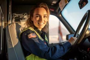 un' sorridente femmina camion autista a il ruota di un' camion con generativo ai foto