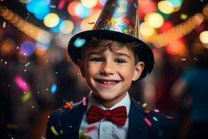 giovane ragazzo sorridente nel festa cappello e Tenere un' coriandoli con generativo ai foto