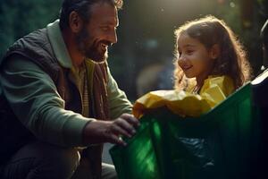 contento padre e figlia raccogliere spazzatura a partire dal un' verde raccolta differenziata bidone a il domestico con generativo ai foto