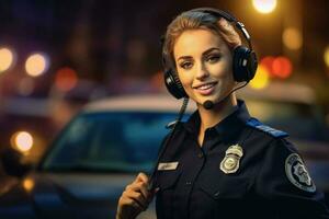 femmina polizia ufficiale A proposito di su il Radio con polizia auto dietro a sua con generativo ai foto