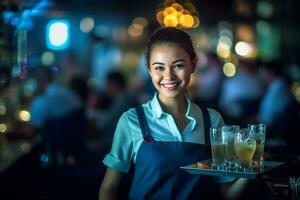 un' contento femmina Cameriere Tenere vassoio con un' cocktail con generativo ai foto