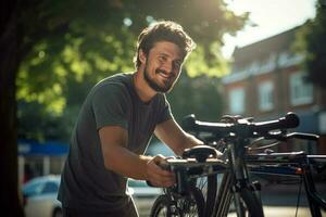 contento uomo fissaggio bicicletta su un' bicicletta cremagliera con generativo ai foto