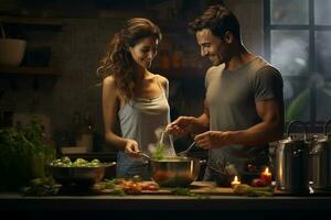 contento donna e uomo cucinando e preparazione cibo nel il cucina con generativo ai foto