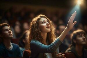 un' femmina alunno raccolta mani a un' conferenza Teatro con generativo ai foto