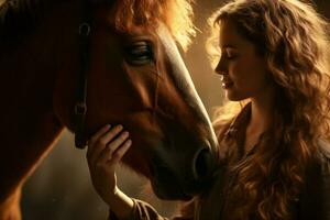 un' giovane contento donna toccante un' cavallo con generativo ai foto