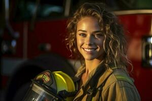 un' sorridente femmina pompiere nel davanti di il fuoco camion con generativo ai foto