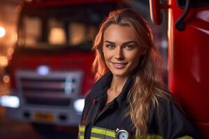 un' sorridente femmina pompiere nel davanti di il fuoco camion con generativo ai foto