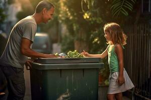 contento padre e figlia raccogliere spazzatura a partire dal un' verde raccolta differenziata bidone a il domestico con generativo ai foto