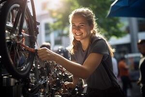 contento donna fissaggio bicicletta su un' bicicletta cremagliera con generativo ai foto