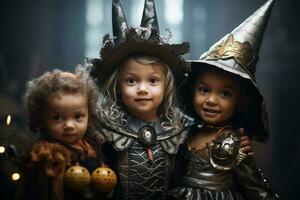 tre poco bambini nel costume festeggiare Halloween insieme con generativo ai foto