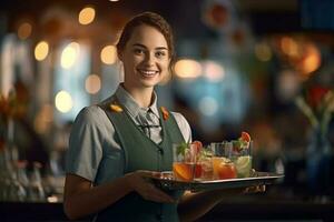 un' contento femmina Cameriere Tenere vassoio con un' cocktail con generativo ai foto