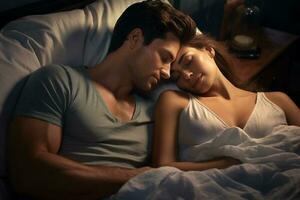 contento coppia addormentato su un' letto nel romantico umore con generativo ai foto