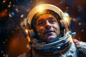 un' contento astronauta uomo nel spazio casco e spazio tema con generativo ai foto