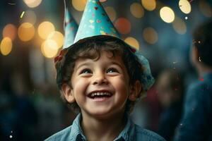 giovane ragazzo sorridente nel festa cappello e Tenere un' coriandoli con generativo ai foto