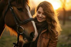 un' giovane contento donna toccante un' cavallo con generativo ai foto