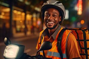 sorridente consegna uomo con zaino su il suo scooter con generativo ai foto