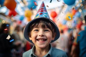 giovane ragazzo sorridente nel festa cappello e Tenere un' coriandoli con generativo ai foto