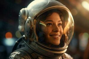 un' contento astronauta donna nel spazio casco e spazio tema con generativo ai foto