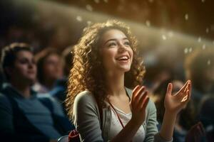 un' femmina alunno raccolta mani a un' conferenza Teatro con generativo ai foto