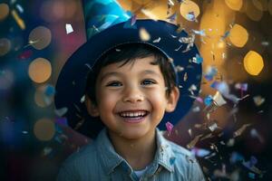 giovane ragazzo sorridente nel festa cappello e Tenere un' coriandoli con generativo ai foto