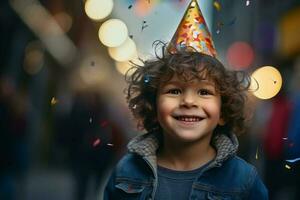 giovane ragazzo sorridente nel festa cappello e Tenere un' coriandoli con generativo ai foto