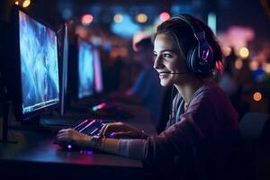 un' contento gamer donna indossare cuffie è utilizzando un' computer a notte con generativo ai foto