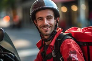 sorridente consegna uomo con zaino su il suo scooter con generativo ai foto