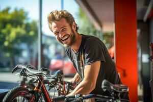 contento uomo fissaggio bicicletta su un' bicicletta cremagliera con generativo ai foto
