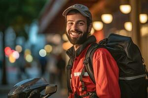 sorridente consegna uomo con zaino su il suo scooter con generativo ai foto