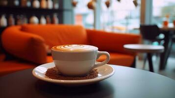 caffè tazza su di legno tavolo nel caffè negozio con sfocato sfondo foto