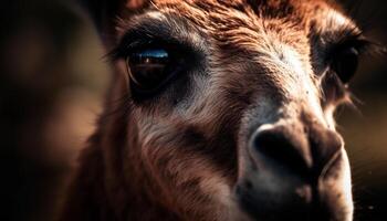 alpaca pascolo nel prato, fissando a telecamera generato di ai foto