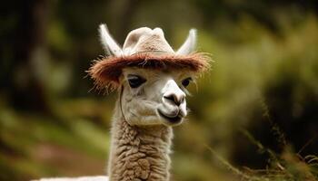 carino alpaca sorridente per il telecamera nel prato generato di ai foto