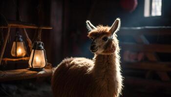 soffice alpaca sorrisi per ritratto su azienda agricola generato di ai foto