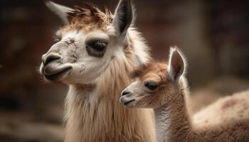 carino alpaca ritratto, soffice pelliccia, guardare a telecamera generato di ai foto