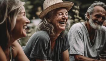 sorridente uomini e donne godere estate vacanza divertimento generato di ai foto