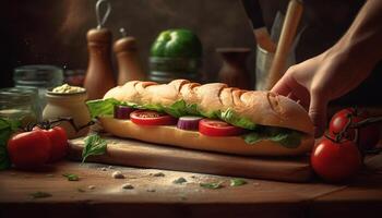 grigliato carne Sandwich su Ciabatta con fresco insalata generato di ai foto