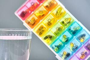 luminosa pillola scatola con diverso pillole e vitamine Il prossimo per un' bicchiere di acqua. foto