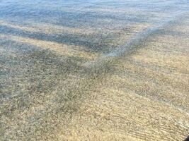 spiaggia bagnato sabbia struttura. sabbioso riva beige sfondo. foto