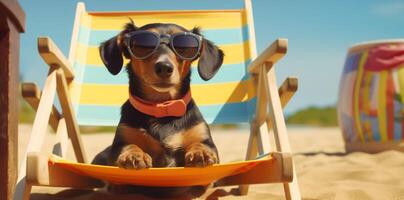 divertente cane animale domestico pigro rilassare sedia spiaggia occhiali da sole vacanza estate. generativo ai. foto