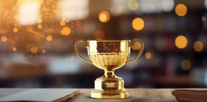 bokeh biblioteca celebrazione trofeo oro premio campione tazza premio concorrenza. generativo ai. foto