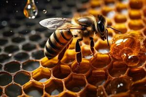 ape giallo insetto miele avvicinamento natura apicoltura polline oro macro sfondo. generativo ai. foto