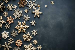 Natale decorazione sfondo oro Natale albero vacanza anno i fiocchi di neve telaio carta nuovo. generativo ai. foto